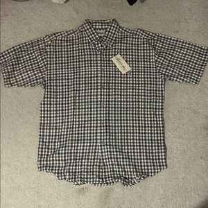 Tan Navy and Cream Plaid Button-Down short-sleeve shirt